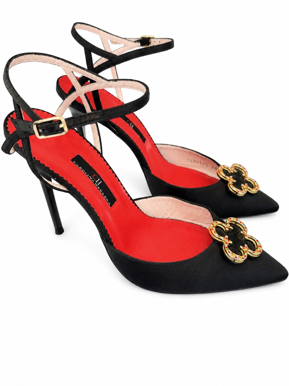 Carolina Herrera Black Pointed Slingback Pumps with Red Insole and Gold Emblem - Picture 2 of 3
